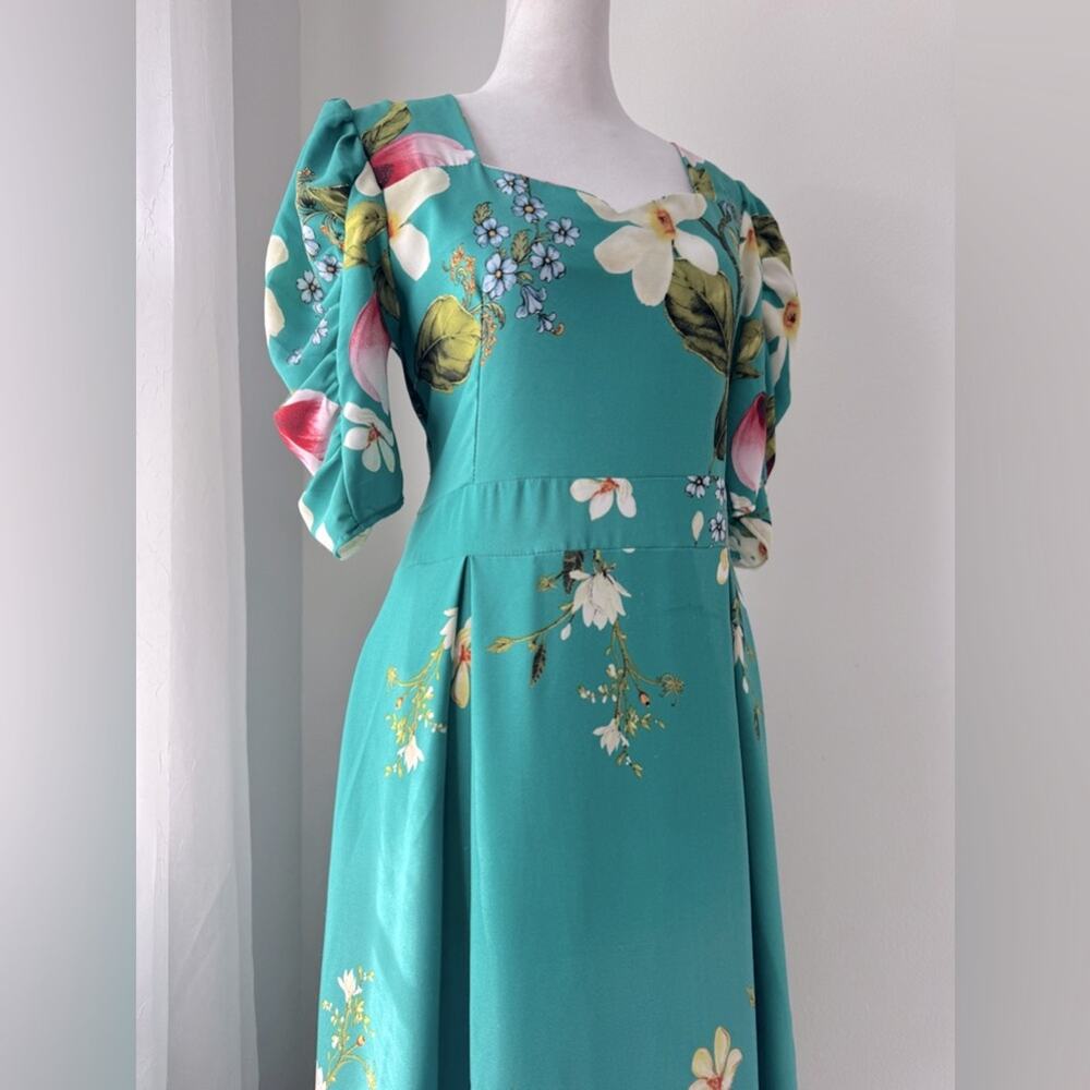 Minh Phuong Teal Floral Print Sweetheart Neckline Half Sleeve Maxi Dress - Picture 4 of 7